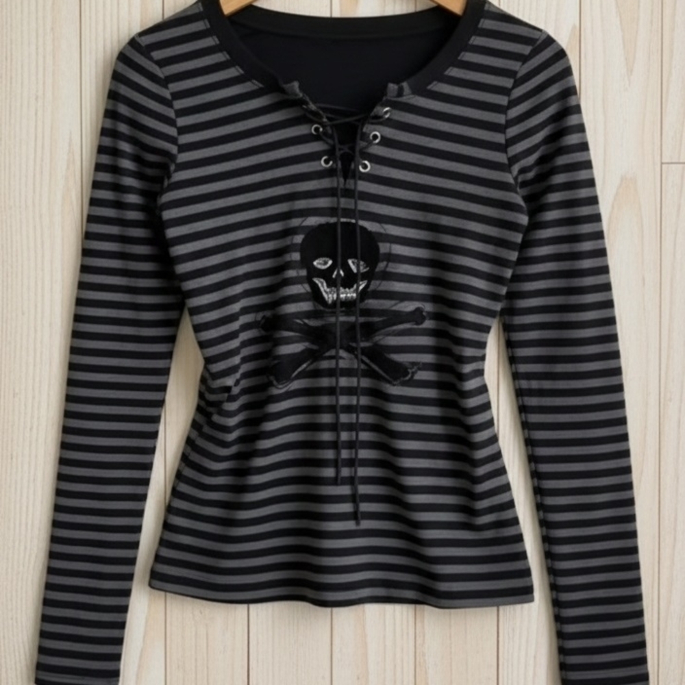 Black Striped Lace-Up Skull Women's Long Sleeve Top